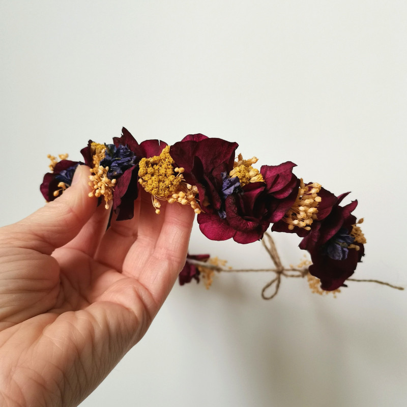 Couronne fleurs séchées mariage bordeaux jaune