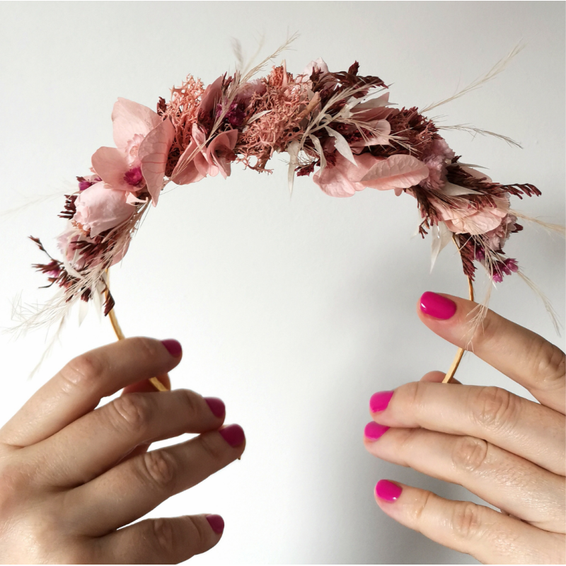 Serre-tête fleurs séchées, tons roses fauve